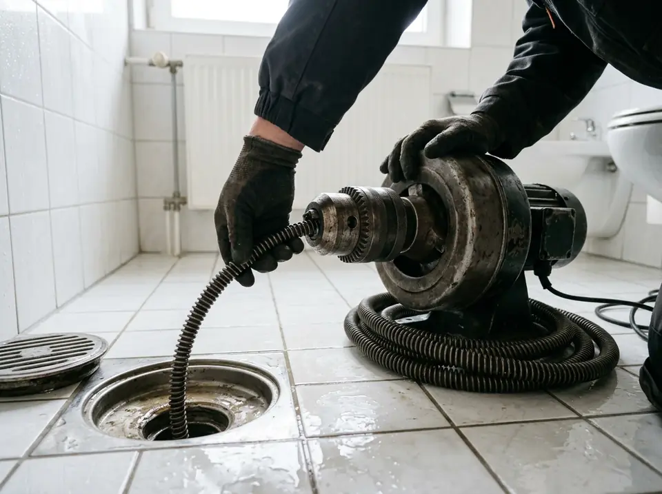 Szerelő kesztyűs keze spirálszakaszt rögzít a géphez egy csempézett fürdőszobában, a nyitott padlóösszefolyó mellett